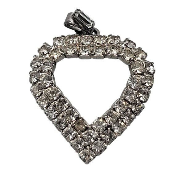 Rhinestone-Studded Open Heart Pendant Silver Tone Pot Metal Vintage - Picture 1 of 11